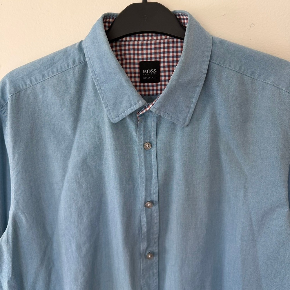 Hugo Boss Regular Fit‎ XL Light Blue Long Sleeve Button Down Shirt Gingham Trim
